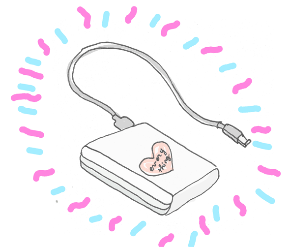 Illustration animated gif of an external hard drive with usb cable, identifying everything inside the drive