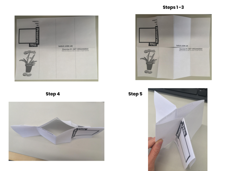 Photos on how to fold and cut Zine Jr. to become a mini-workbook for notes and activity writings.